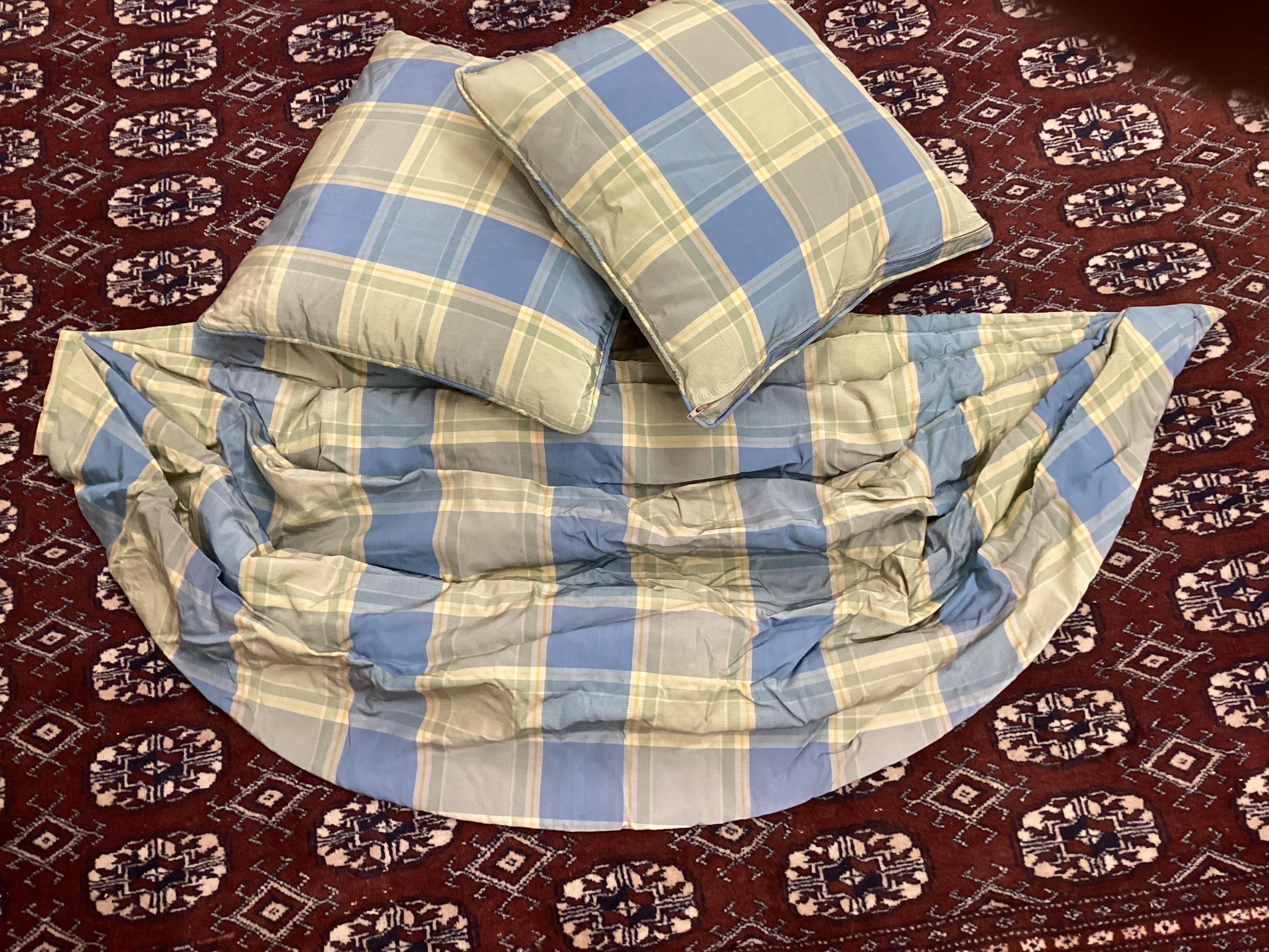 A pair of blue / green check lined curtains approximate widths 140cm top, 320cm floor, drop 250cm with five matching drapes, three cushions and four tie backs